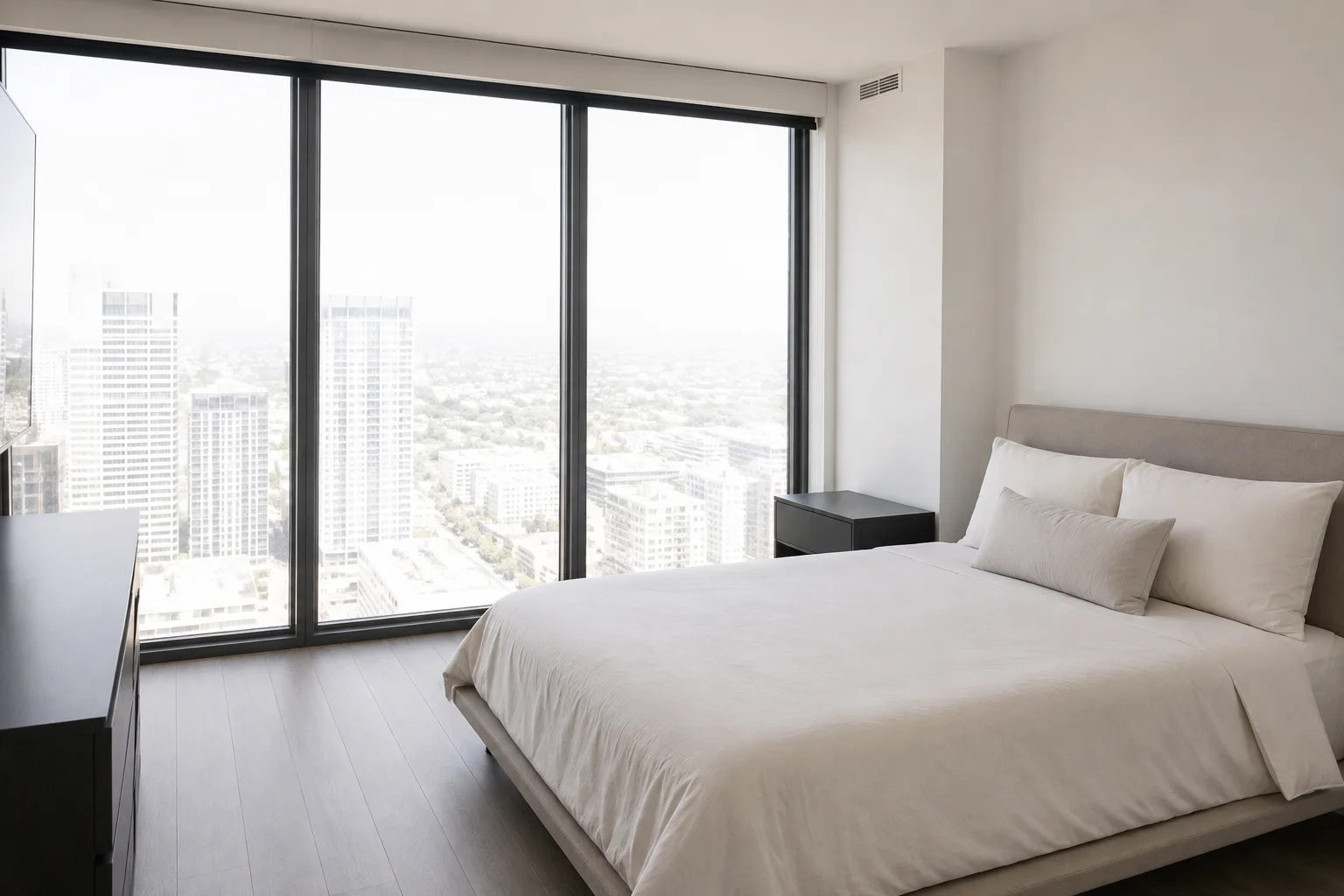 High rise bedroom cleaned and made up